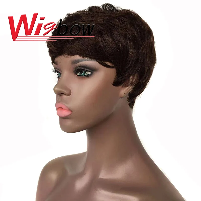 Peruca com Franja Reta para as Mulheres Peruca de Franja Corte Pixie Curto Cabelo Humain Brasileiro Peruca Curta Máquina Completa Feita Marrom 100