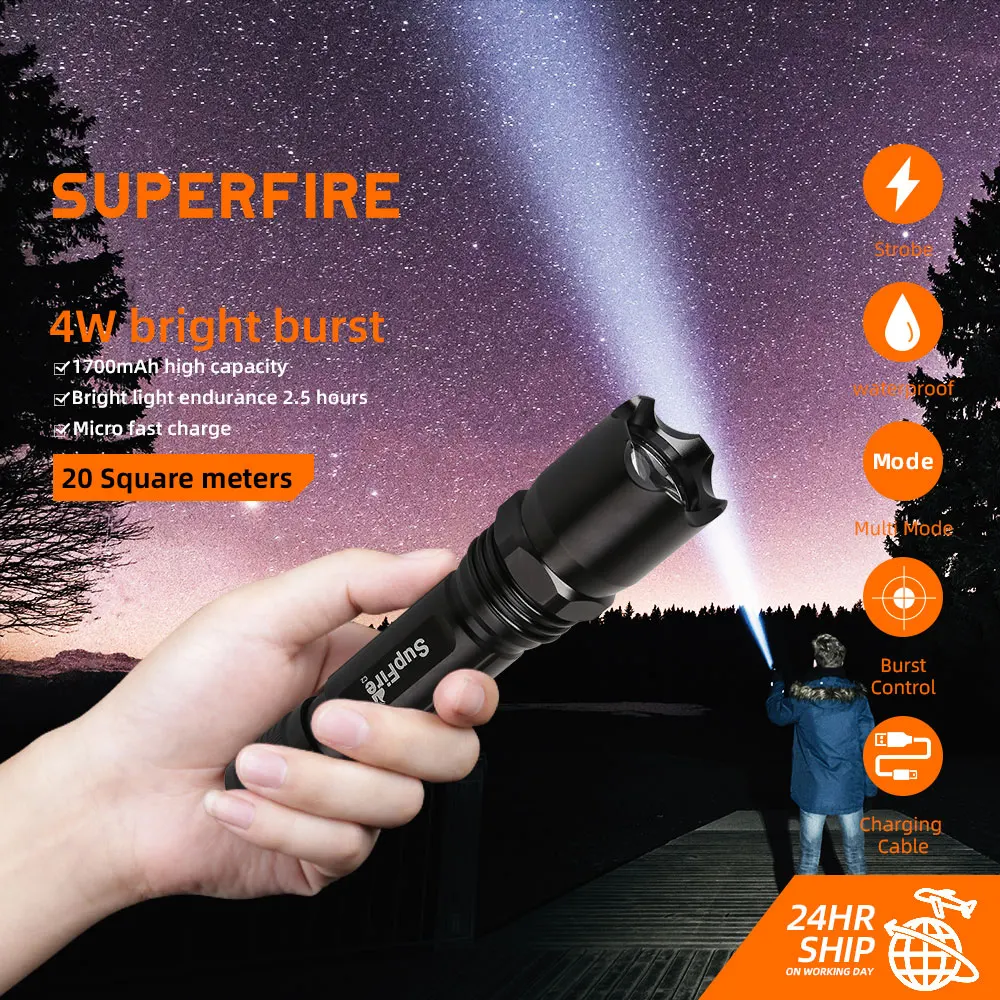 

Supfire C2 Led flashlight Ultra Bright torch Q5 18650 USB Rechargeable Camping Waterproof Tactical Self Defense Torch Light