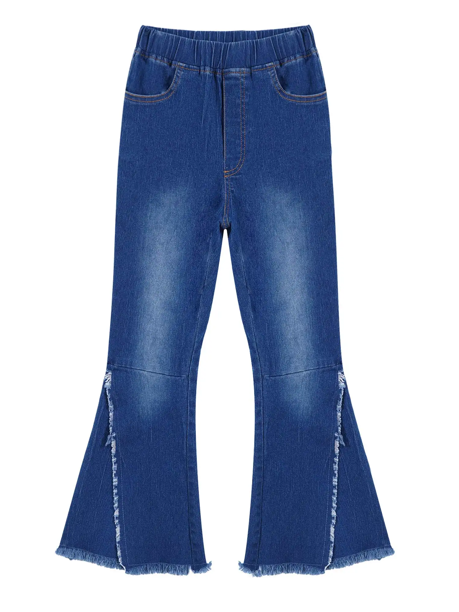 

Kids Girls Bell-bottomed Jeans Girls Pents Fashion Clothing Elastic Waistband Crisscross Ripped Hem Denim Casual Wide-leg Pants