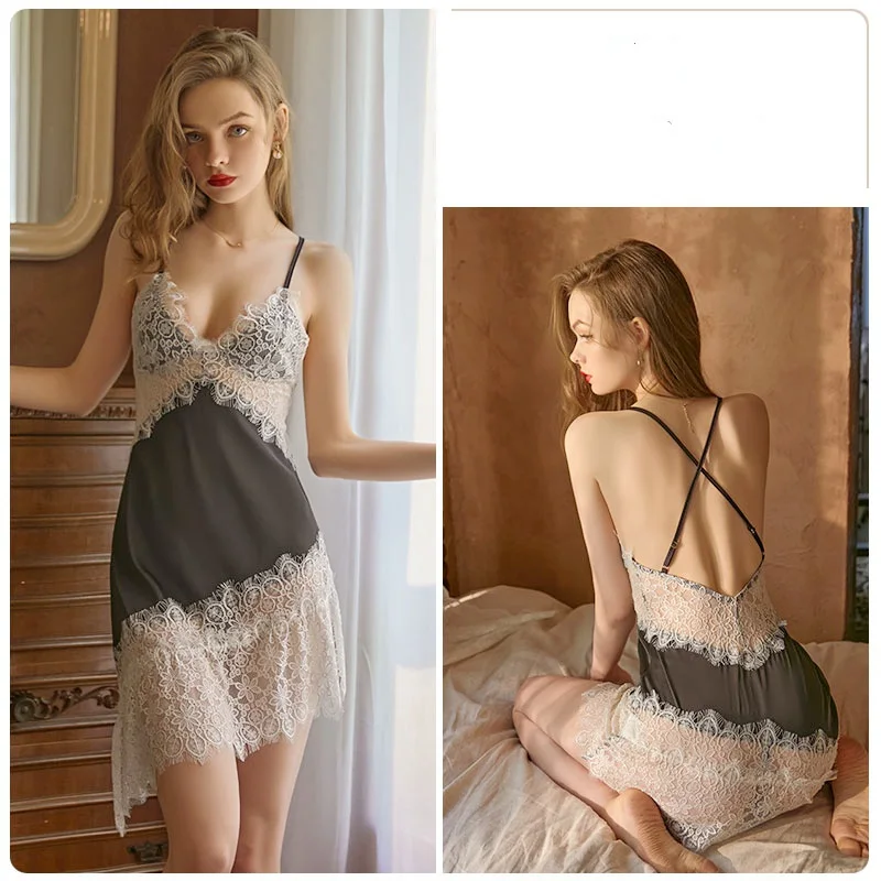 

Women Sleepshirts Lace Nightgowns Backless Nighties Patchwork Satin Nightdress Sexy Hot Erotic Silk Lingerie Bridesmaids Black