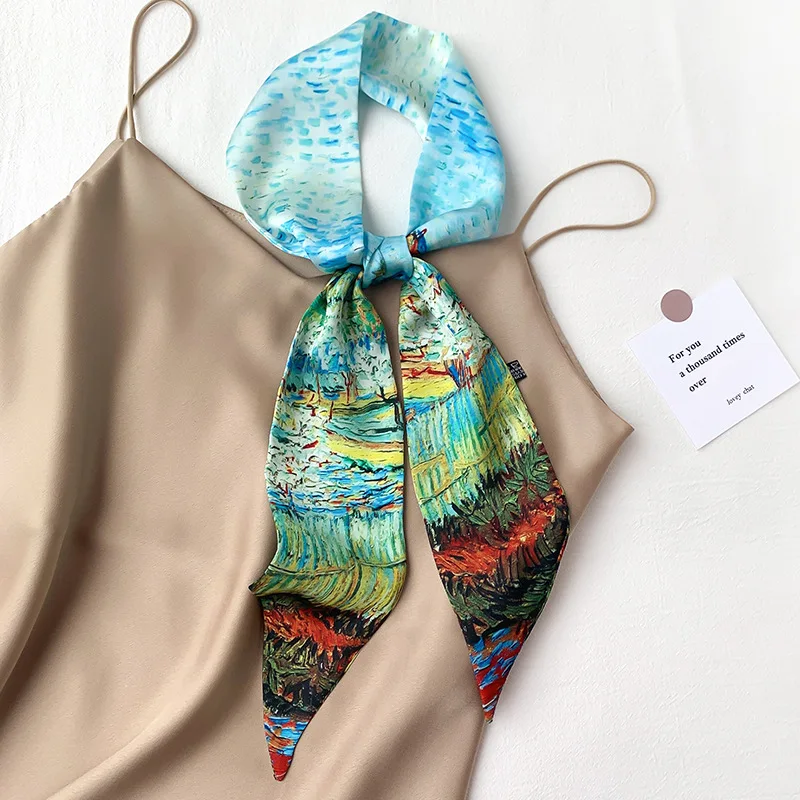 

Scarf Women Fashion Plain Fine Narrow Long Silk Scarf Imitation Silk Diagonal Spring/Summer Scarf Hair Band Binding Bag 303