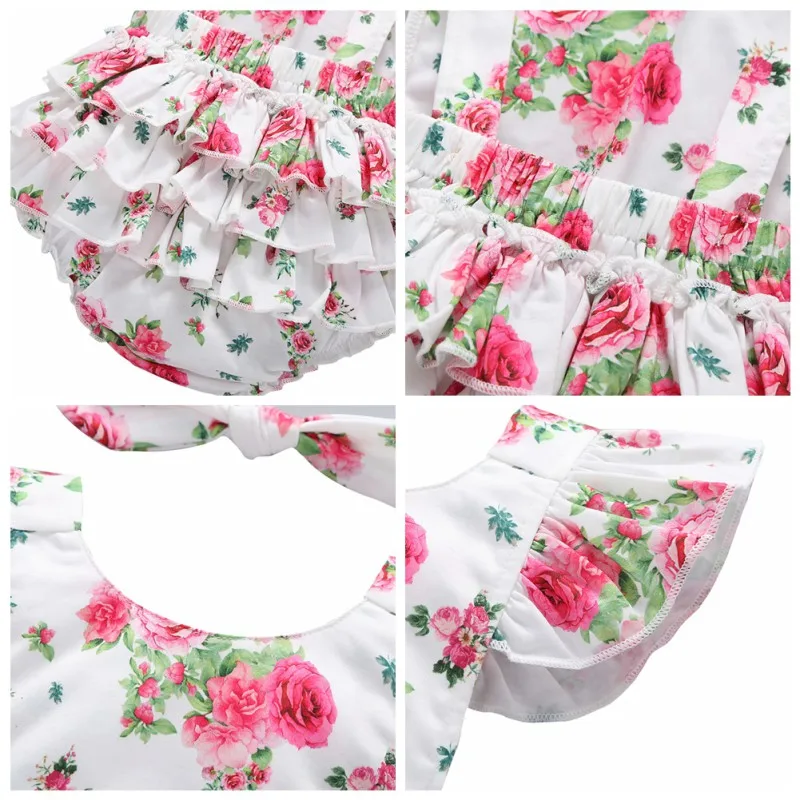 

Baby Clothes Fly Sleeve Jumpsuit With Headband Summer Newborn Bodysuit Baby Girls Floral Print Rompers Set