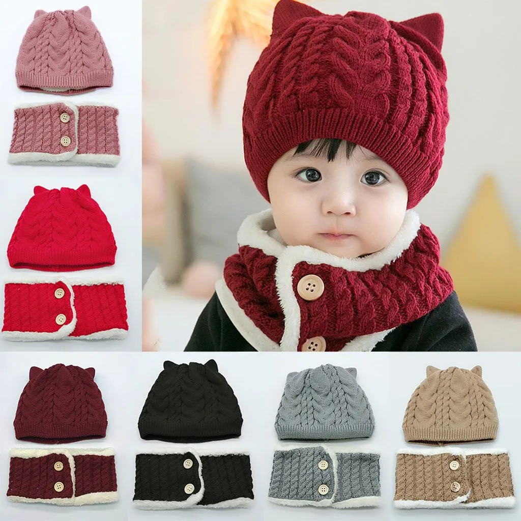 2pcs Kids Baby Boys Girls Children Warm Thick Fleece Knit Crochet Hat Casual Beanie Cap Scarf Set Bonnet Enfant baby Winter hat | Детская