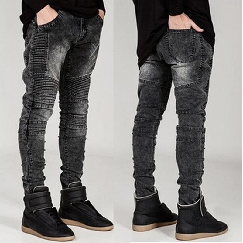 Men Jeans Motorcycle Pants Folds Slim Pencil Pants Elastic Skinny Jeans Men Fashion Solid Color Casual Trend Men Denim Pants