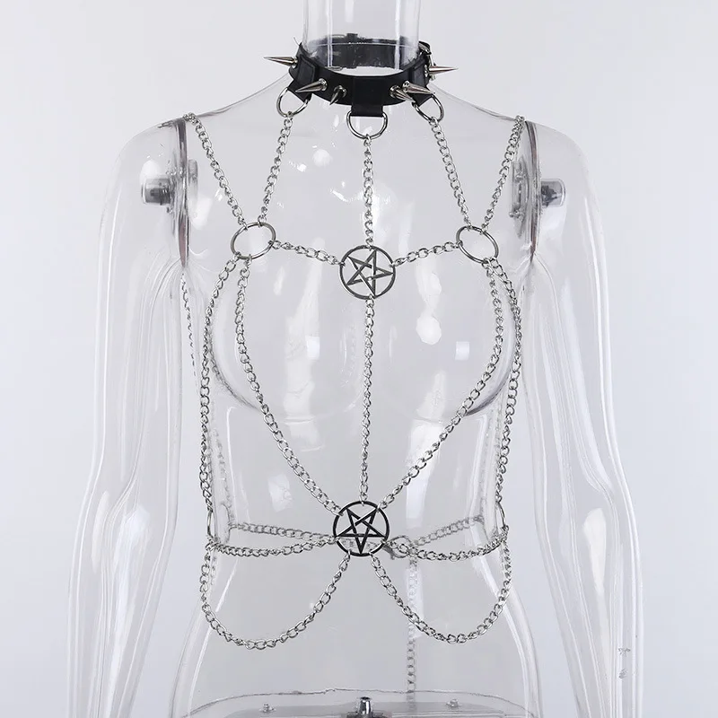 

Goth Sexy Women Breast Lift Metal Chain Belt Gothic Harajuku Pentagram Patchwork Streetwear Belts Chain Tassel Harness