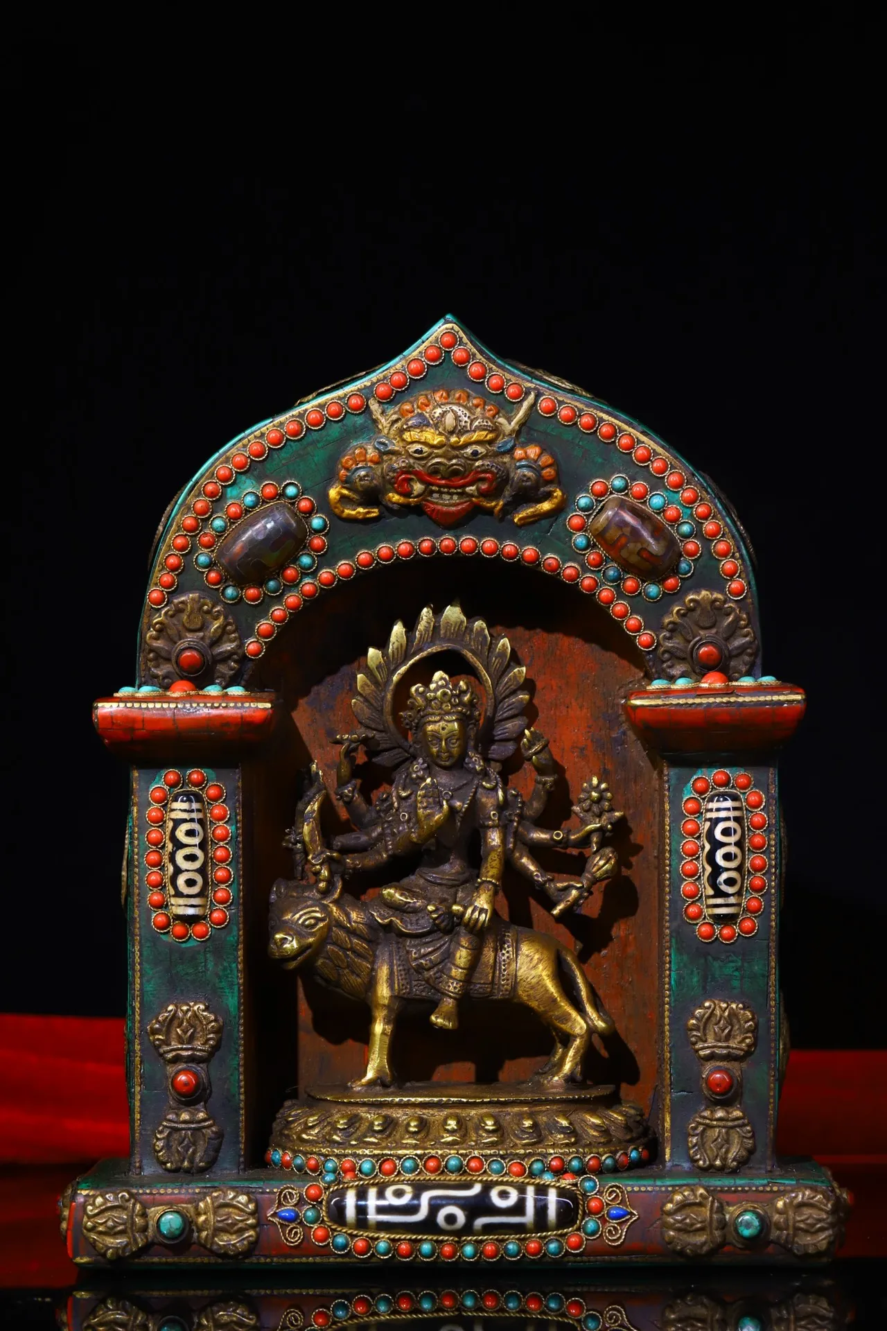 

9"Tibetan Temple Collection Old Bronze mosaic Gem Dzi Bead Free Tara Bodhisattva ride Mythical beast Buddhist altar Ornaments
