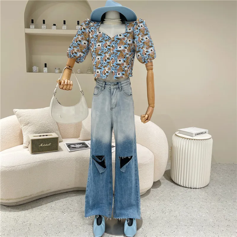 

NewWomen's clothing Spring Summer 2021 Fashion washed holes blue jeans high waist and thin Wide leg pants