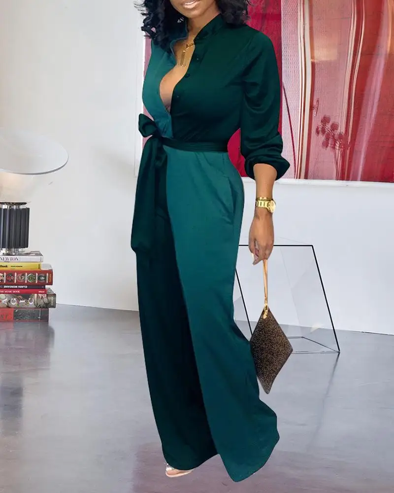 

Sashes Rompers Womens Jumpsuit Patchwork Green Black Long Sleeve V-neck Jumpsuit Casual Loose Ladies Wide Leg Overalls Mujer