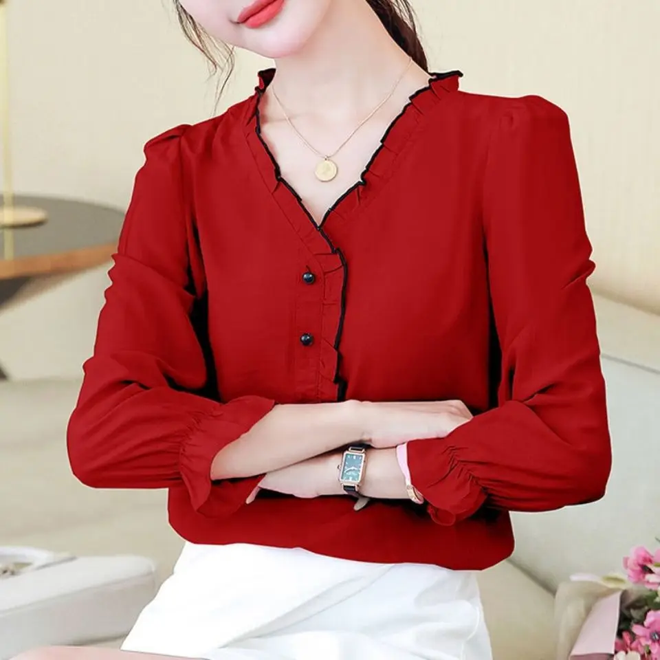 

Women's Spring Autumn Style Chiffon Blouses Shirt Women's Solid Button V-Neck Long Sleeve Korean Casual Tops