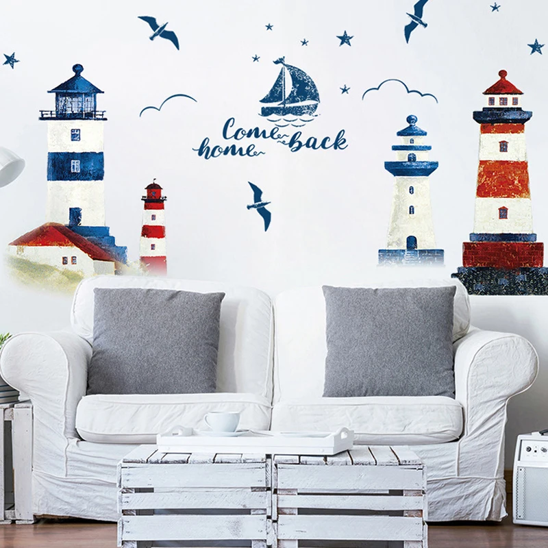 Pegatinas de pared de Faro de velero de mar, decoración de fondo para dormitorio, sala de estar, TV, sofá, Mural, papel tapiz, calcomanías artísticas, pegatina