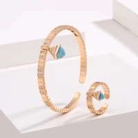2021 classic women fashion 2 pcs bracelet ring set simple candy color stone design gold open cuff bangle ring jewelry set