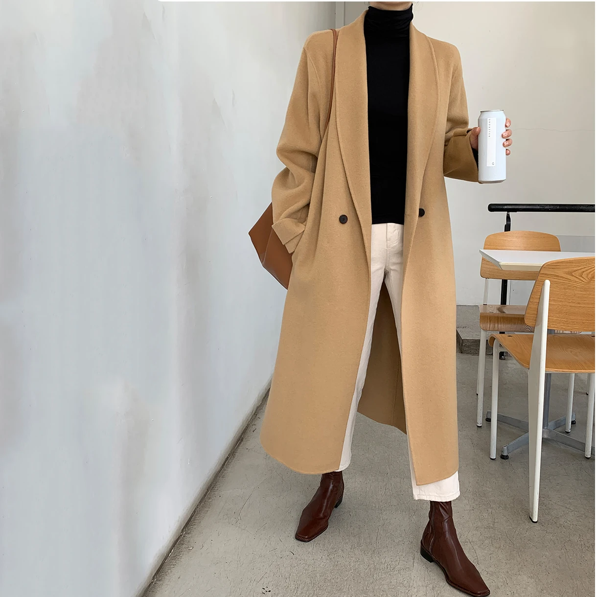 Минималистские шерстяные длинные пальто женская элегантная теплая зимняя