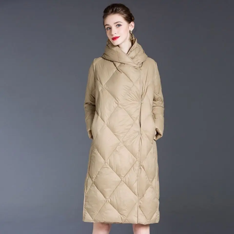 

2021 Winter Women's New Long White Duck Down Jackets Fenake Solid Warm Overcoats Ladies Long Sleeve Loose Hooded Coats E627