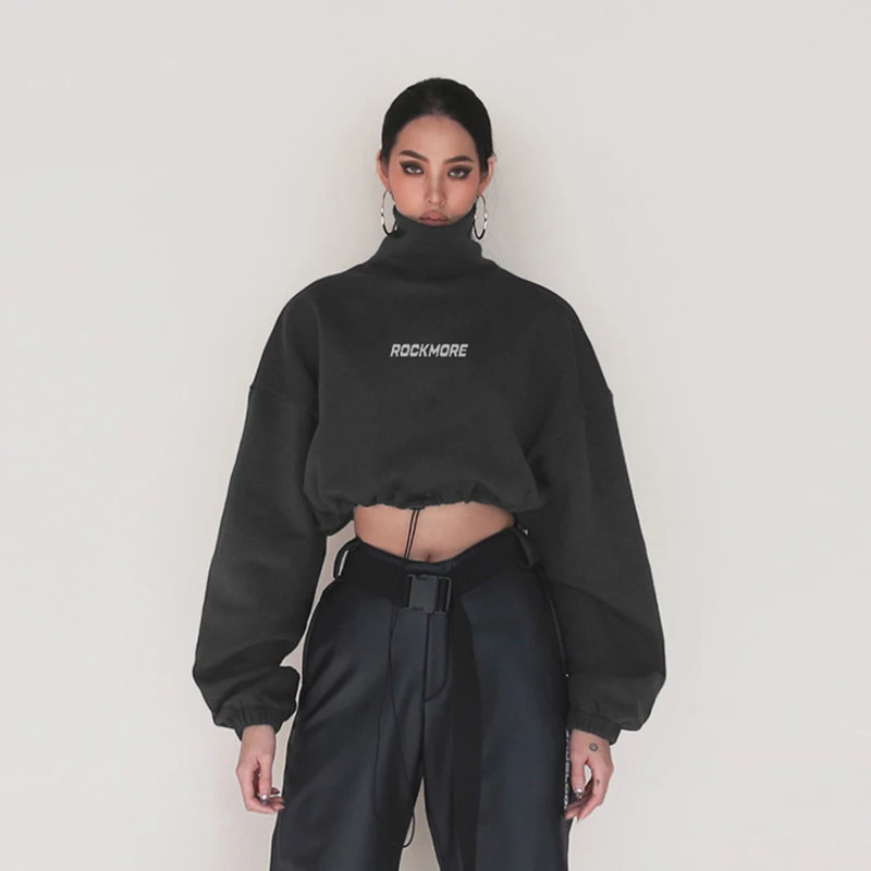 

Letter Print Black Cropped Women's Sweatshirt Female 2021 Harajuku Turtleneck Long Sleeve Kawaii Sweat Pullover Y2k Tops Gray