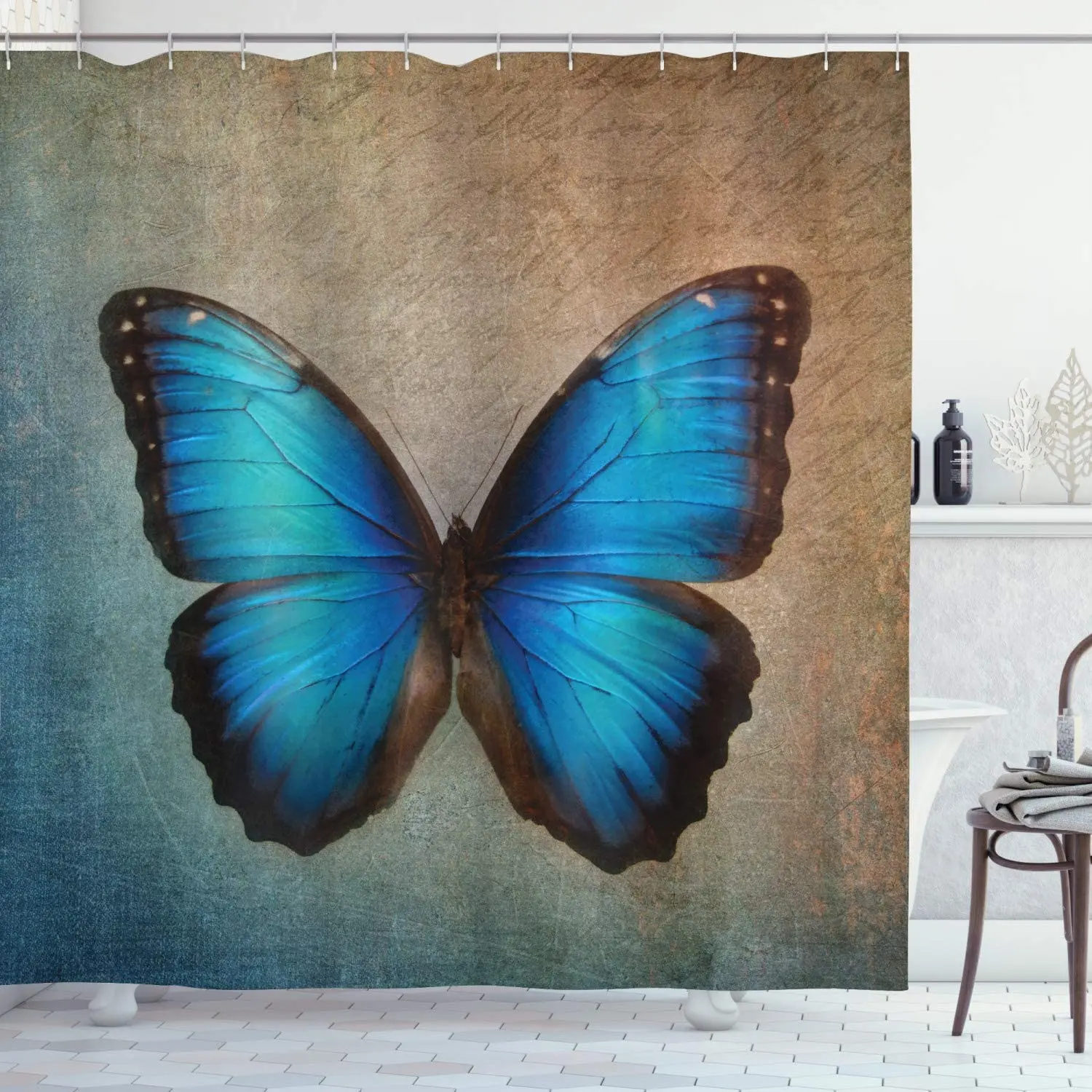 Бежевая занавеска для душа с бабочкой в винтажном британском стиле гранж