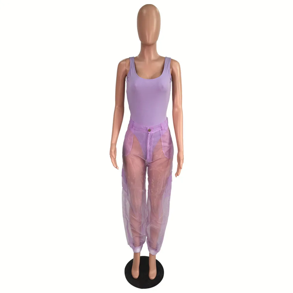 Sexy Bodysuit Top With Organza Pants Two Piece Set Casual Sleeveless Bodycon Jumpsuit Evening Club Party 2 Piece Overalls Sets