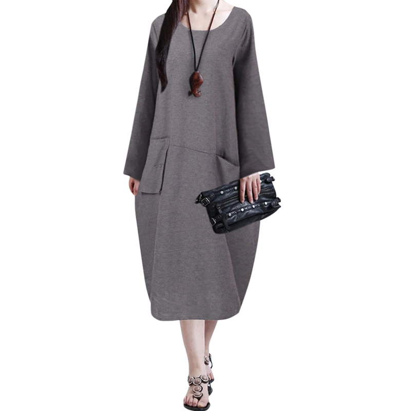 Модное женское повседневное свободное платье миди однотонное длинное