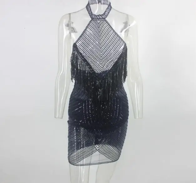 

Cultiseed Women Halter Sequined Tassel Dress 2020 New Fashion Female Sleeveless Slim Hip Mini Party Dress Ladies Backless Dress
