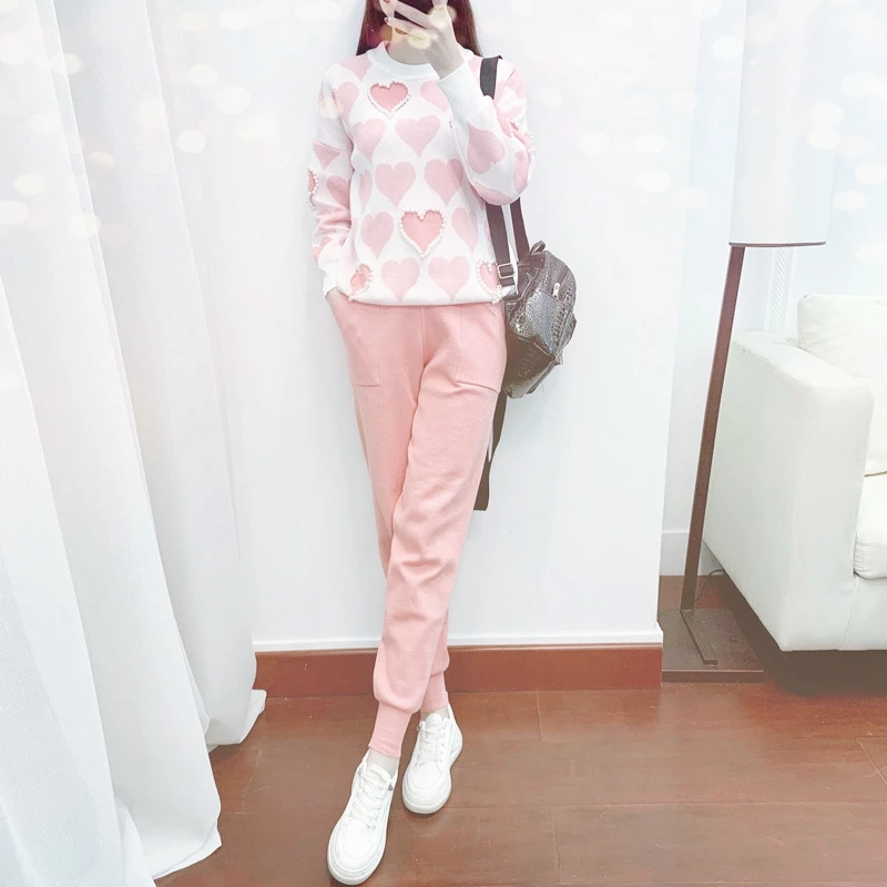 

Women Sweater Two Piece knitted Sets Slim Tracksuit 2020 Autumn Winter Fashion Beading Sweatshirts Sporting Suit Female