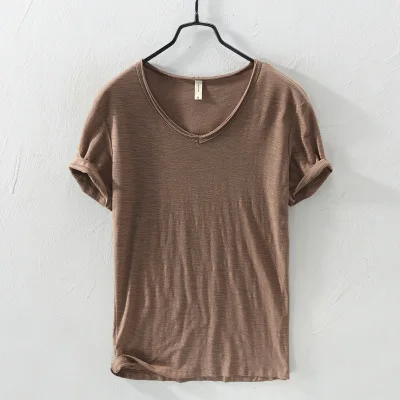 

Summer Men linen cotton t shirt men short sleeve V-neck breathable soft Loose Thin white t-shirt men casual wear