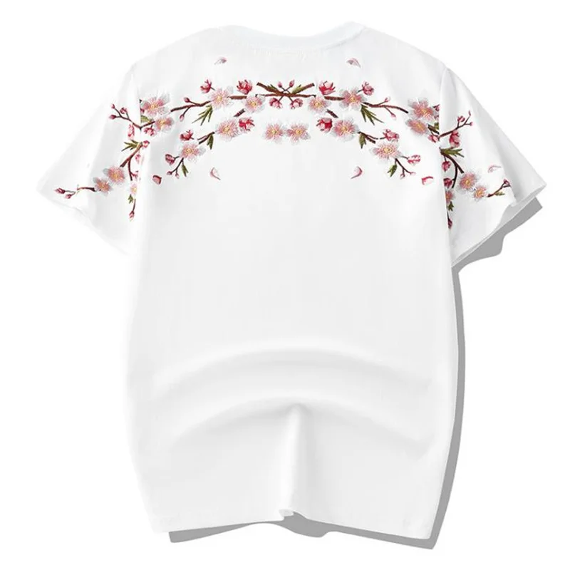 

High Quality Summer Men Tee New Eastern Style Country Fashion Casual Loose Plum Blossom Embroidered Half Sleeve T-Shirt Male Top