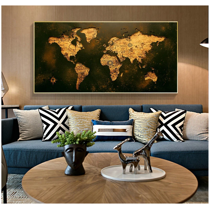 

Vintage Golden World Map Picture Canvas Painting Decor Painting Oil Painting Modern Wall Art Picture Poster in Livingroom Home