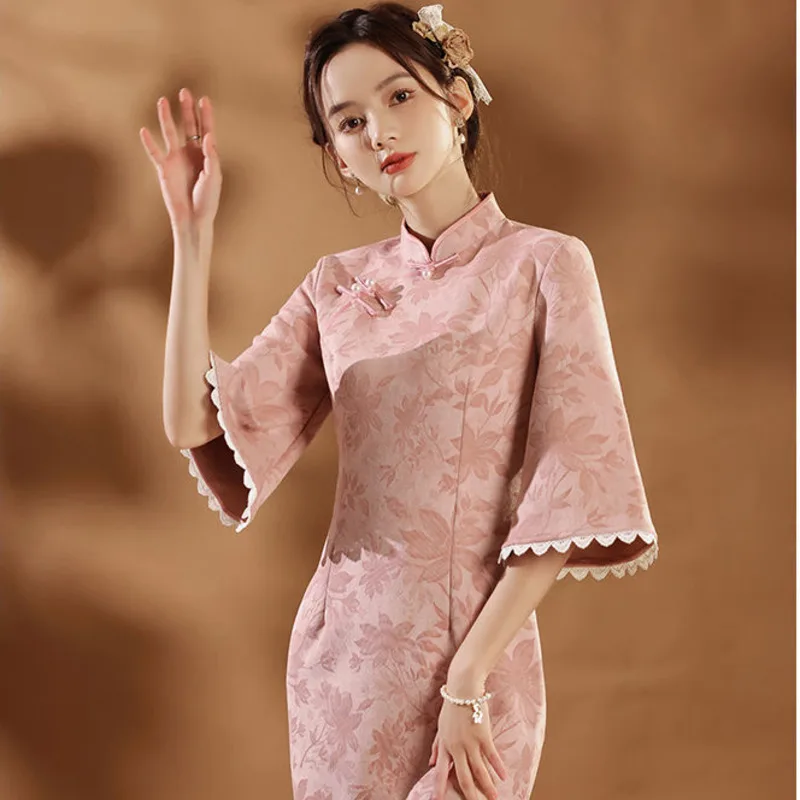 Женское винтажное платье-Ципао розовое элегантное приталенное платье в