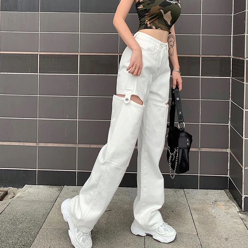 

2022 Vintage Hollow Out Women'S Jeans Pockets White Harajuku Korean Baggy Straight Pants StreetWear Wide Leg Jeans