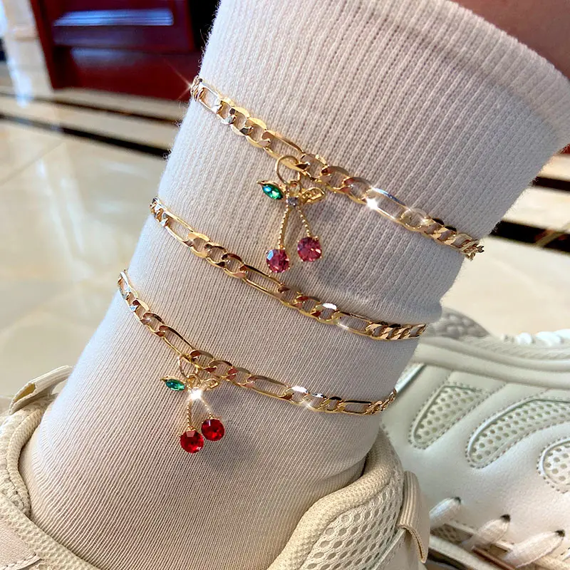 

Flatfoosie 2Pcs/Set Fashion Crystal Cherry Anklet for Women Gold Color Sweet Fruit Foot Bracelet Fashion Foot Accessories Gift