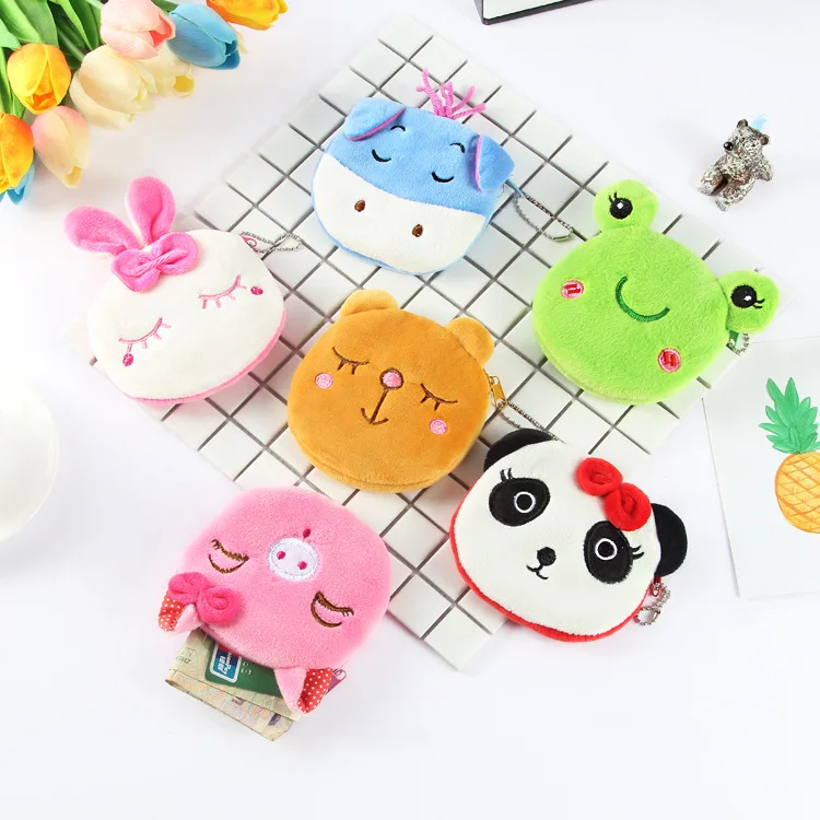 

Cartoon plush animal coin purse cute oval zipper children girl clutch bag embroidery bag key earphone storage bag USB cable bag