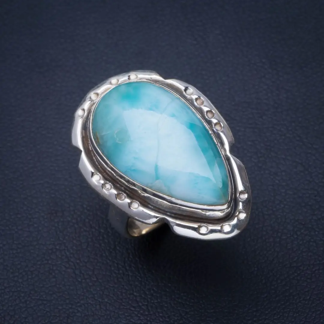 Натуральный Caribbean Larimar ручной работы уникальное 925 пробы Серебряное кольцо 6 75
