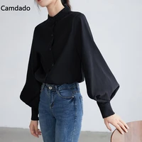 2021 big lantern sleeve blouse women autumn single breasted stand collar shirts office work blouse solid vintage winter shirts