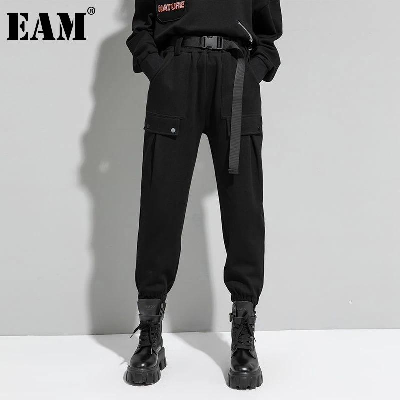 

[EAM] High Elastic Waist Black Long Casual Harem Trousers New Loose Fit Pants Women Fashion Tide Spring Autumn 2021 1DE2054
