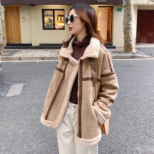 

Solid Women Winter Color Fur Faux Leather Jacket Coat Turn Down Collar Ladies 2023 Thick Warm Oversized Coat