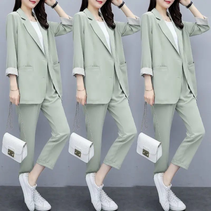 

Vintage Women Pant Suit Women Casual Fashion Light Green Notched Blazer Jacket Pant Office Wear Women Suits Female Sets