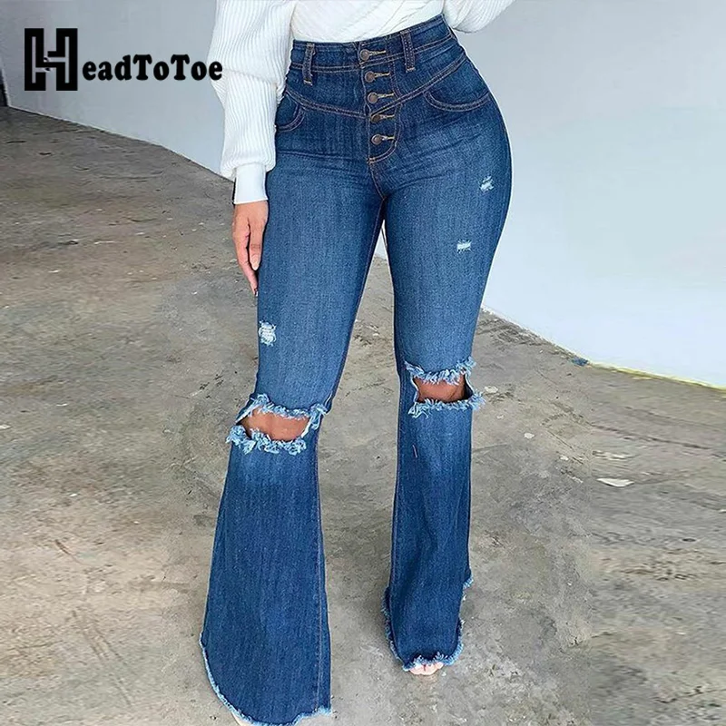 

Button High Waist Ripped Raw Hem Flared Leg Jeans Women Casual Denim Pants