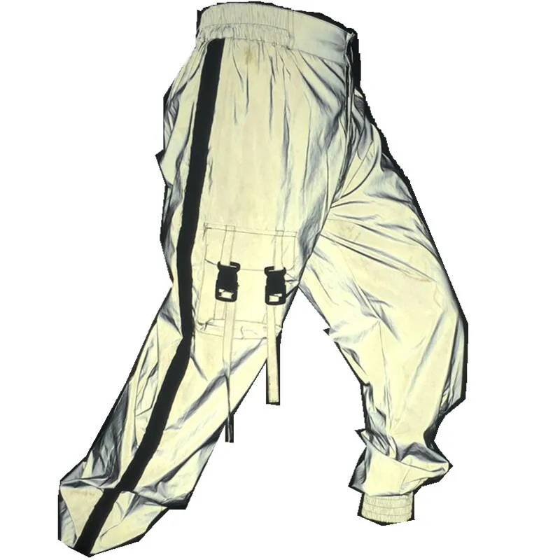 

Fashion net yarn splicing reflective overalls side zip breathable camouflage against beam foot trousers for men and women