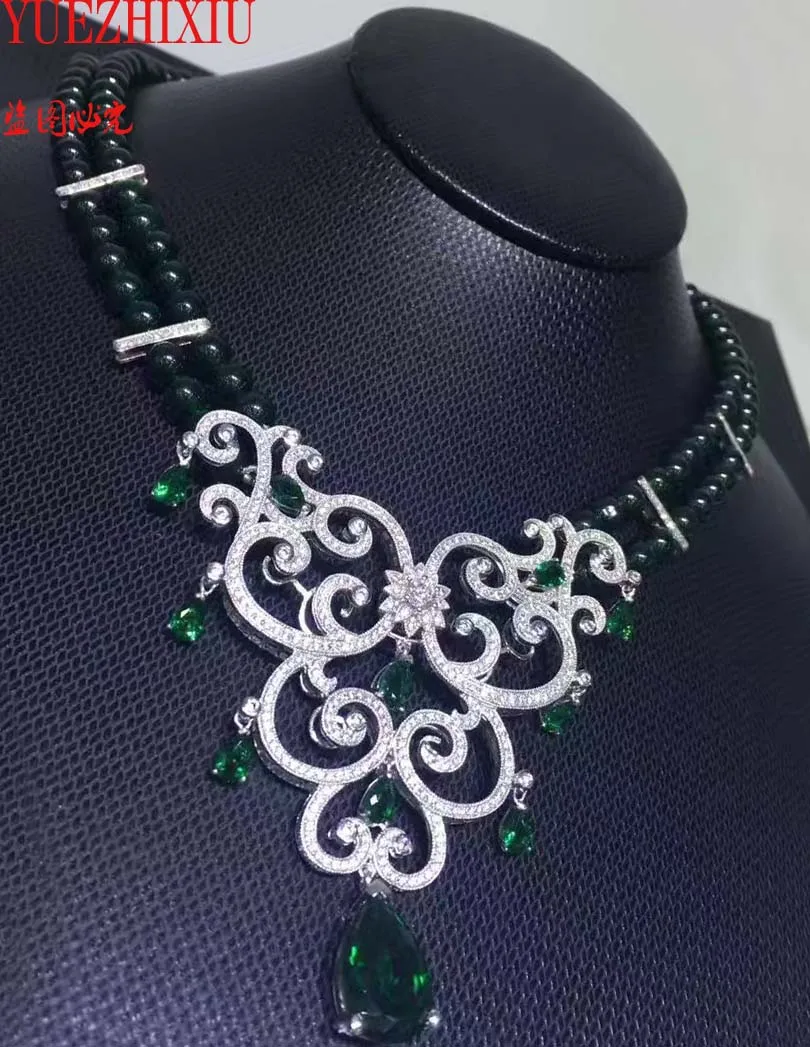 hot sell natural green jade beads 2row 8mm micro inlay zircon clasp long necklace chain fine jewelry