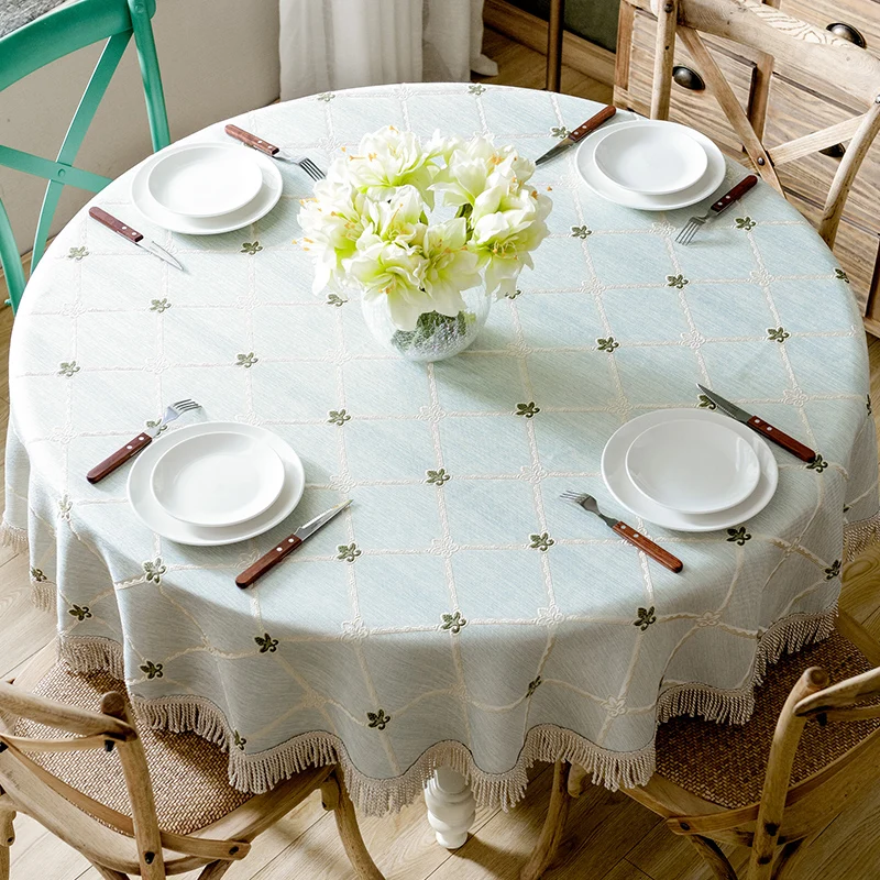 

Luxury Table Cloth Round Table Cover Leaves Embroidered Wedding Party Home Tablecloth Cotton Linen Tablecloths with Tassel