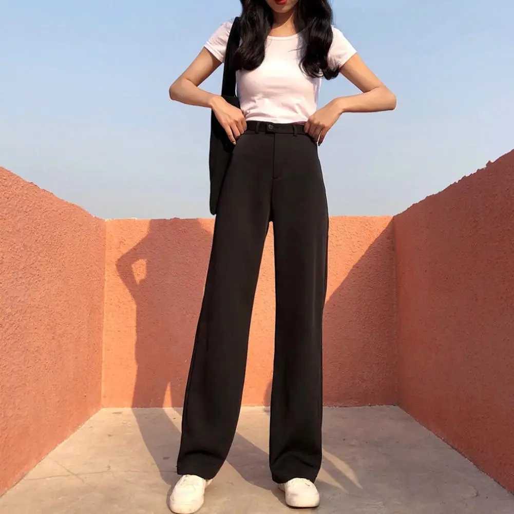 

Women Autumn Loose High Waist Solid Color Long Straight Pants Wide Leg Trousers