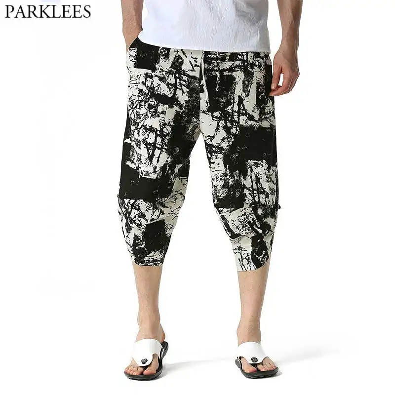 

Stylish Splash Ink Harem Pants Men Casual Wide Leg Baggy Linen Capri Pants Lightweight Elastic Waist 3/4 Beach Pants with Pocket