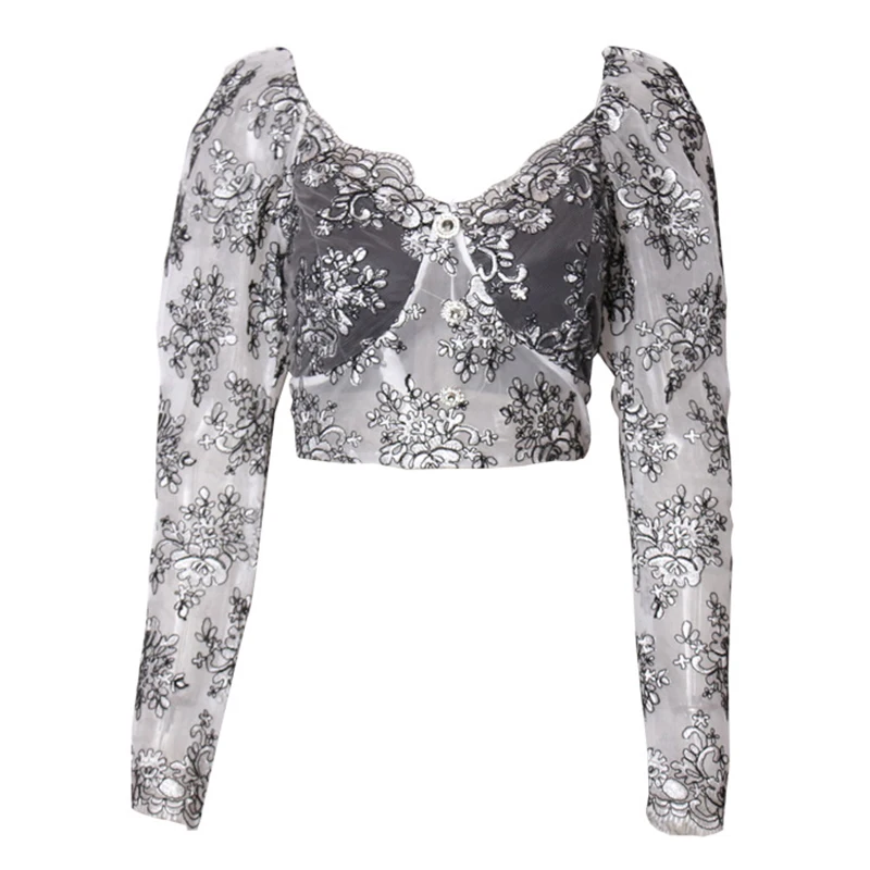 Укороченная женская блузка с вышивкой и сеткой сексуальные короткие кружевные