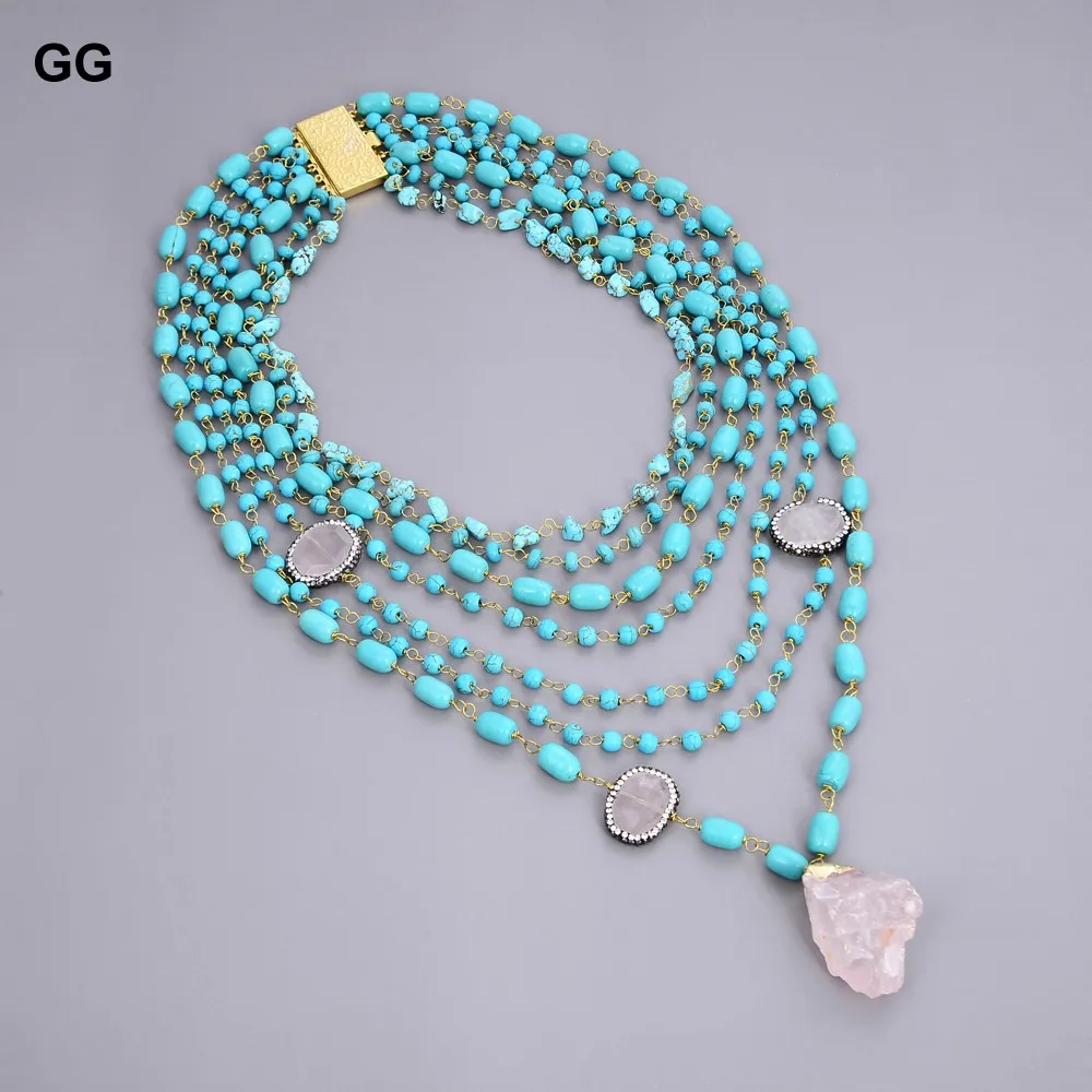 GG Jewelry 19 &quot-31&quot 7 нитей голубой бирюзовый камень кошачий глаз розовая подвеска в