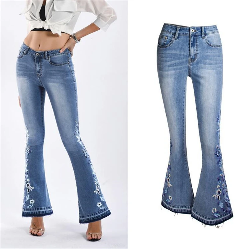 Джинсы клеш Женские с вышивкой повседневные брюки из денима в винтажном стиле