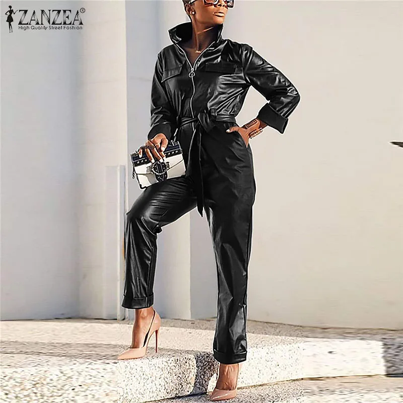 

ZANZEA 2021 Vintage Leather PU Jumpsuits Slim Belted Playsuits Women Elegant Long Sleeve lapel Rompers Female Work OL Bodysuits