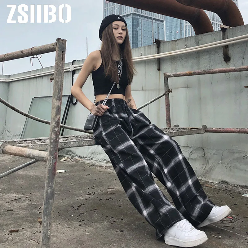 Брюки женские клетчатые с высокой талией повседневные свободные штаны в