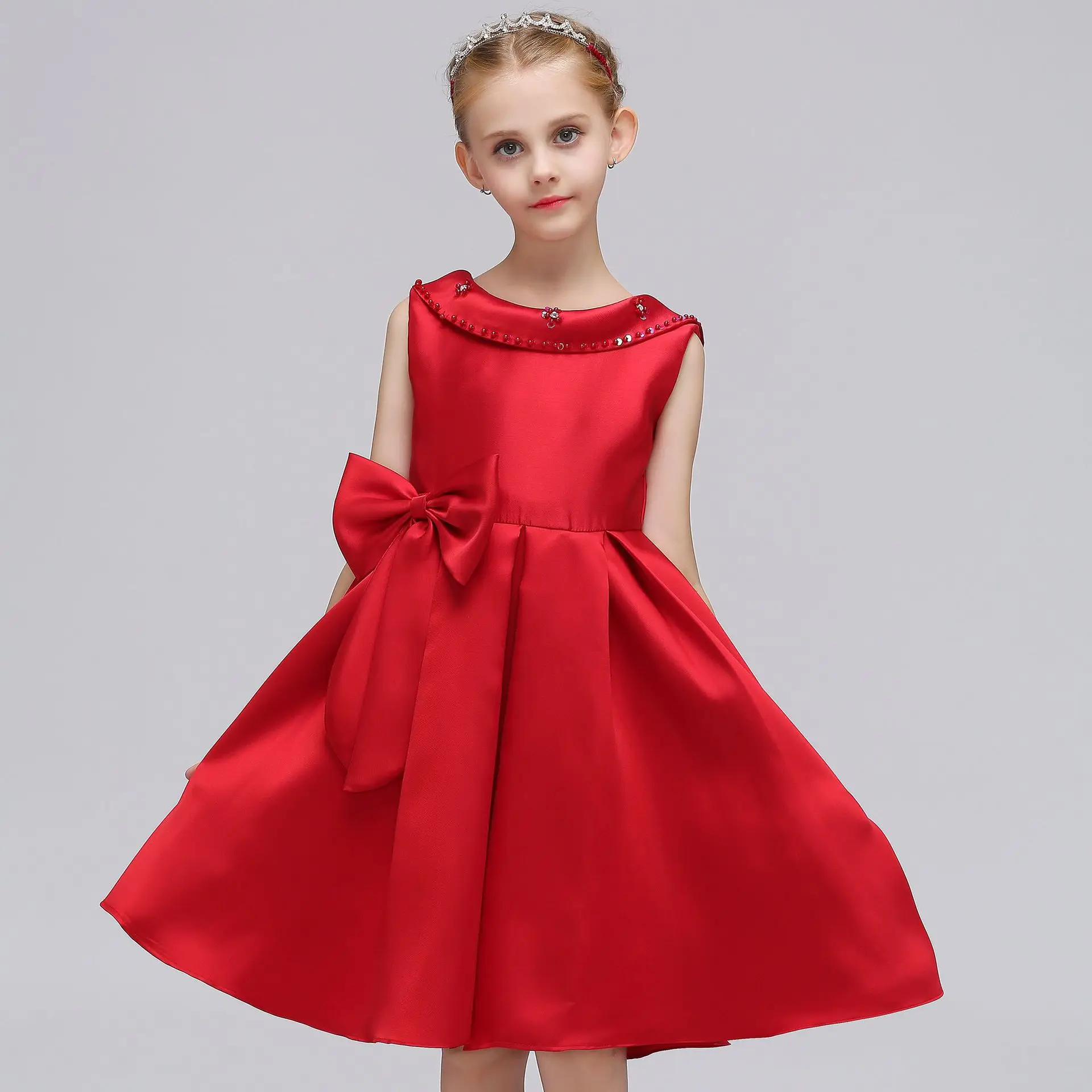 

2021 New Flower Nail Bead Dress Flower Child Leak Back One-word Shoulder Dress Bow Princess Dress