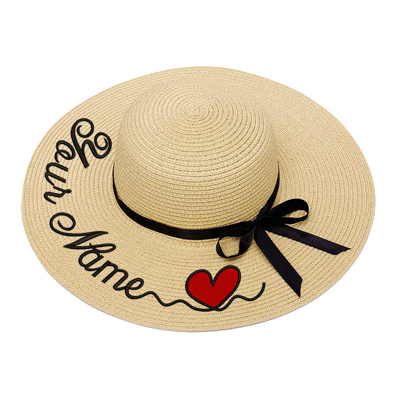 

Embroidery Personalized Custom Text LOGO Embroidery Women Sun Hat Large Brim Straw Hat Outdoor Beach hat Summer Cap