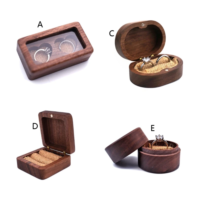 

2021 New Walnut Wood Jewelry Box Engagement Wedding Ceremony Ring Storage Proposal Portable Ring Holder Rustic Wedding Ring Box