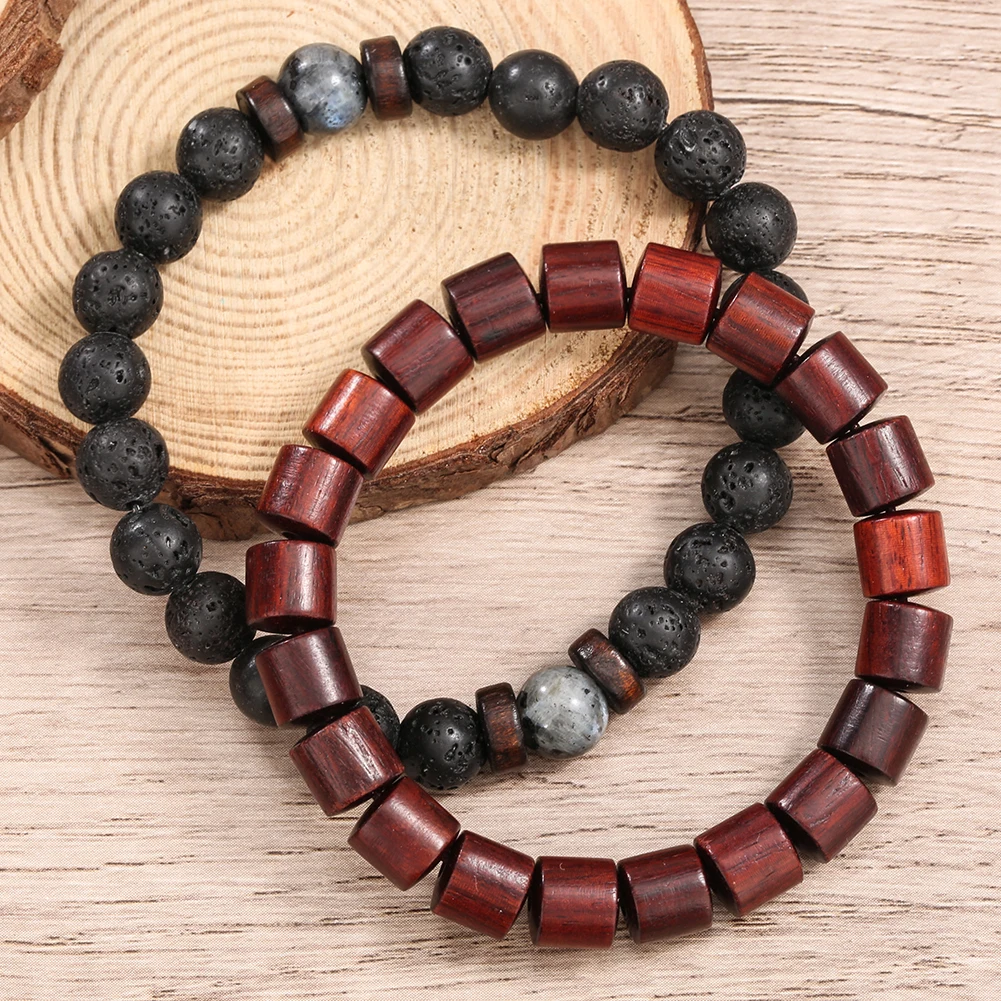 Модные мужские кварцевые часы с ремешком и тремя бусинами из сандалового дерева |